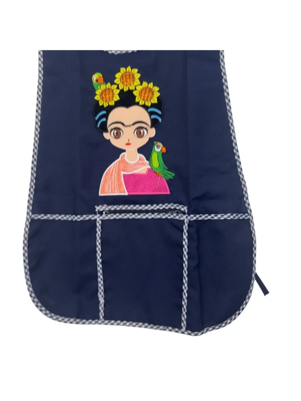 Apron Women One Size Navy Frida-Inspired Print Front Pockets Checkered Trim NWOT